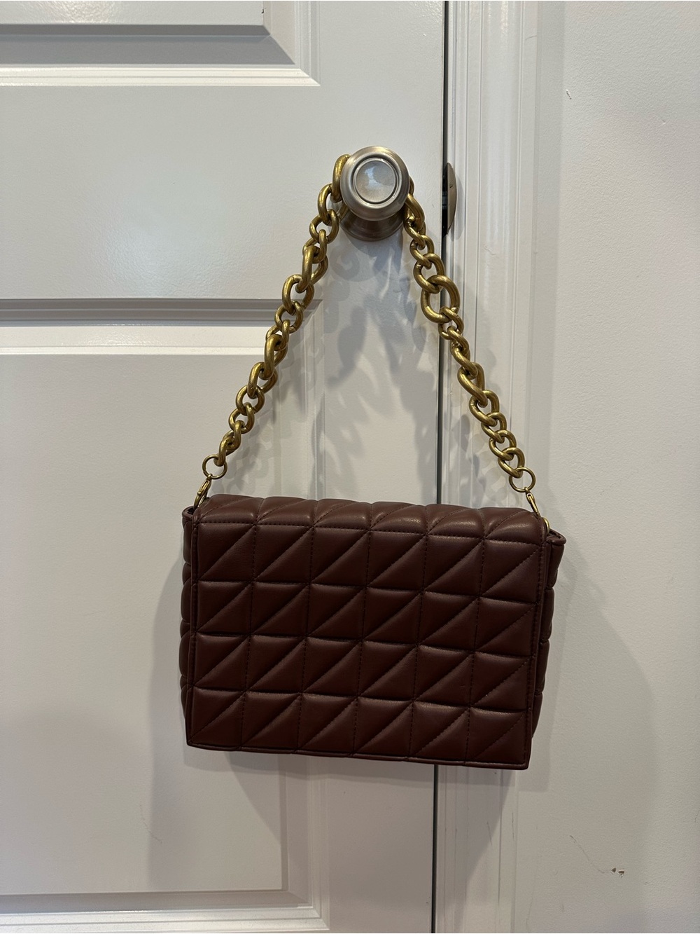 ZARA Quilted Brown Shoulder Bag with Gold Chain